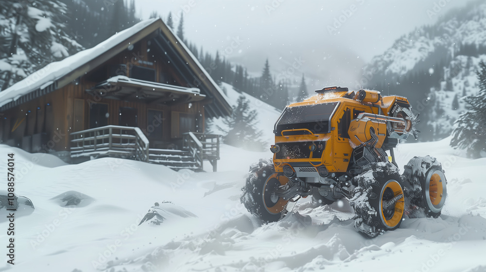 AI Robot in Rescue Gear Wading Through Knee-Deep Snow to Deliver Supplies to a Stranded Cabin with Snowflakes Glistening in the Winter Landscape AI Robot in Rescue Gear Wading Through Knee-Deep Snow to Deliver Supplies to a Stranded Cabin with Snowflakes Glistening in the Winter Landscape