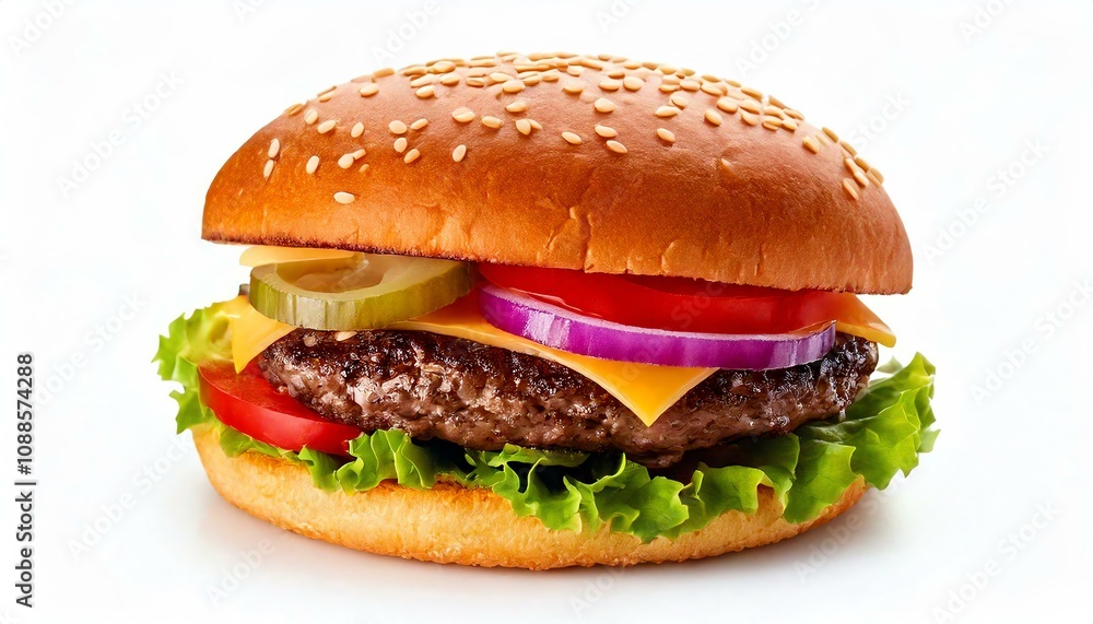 Delicious cheeseburger with fresh vegetables and sesame bun on a white background. Delicious cheeseburger with fresh vegetables and sesame bun on a white background.