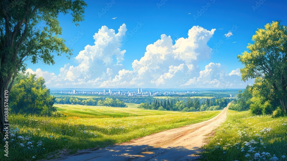 Obraz premium Vibrant greenery and wildflowers frame a winding dirt road leading toward a scenic skyline