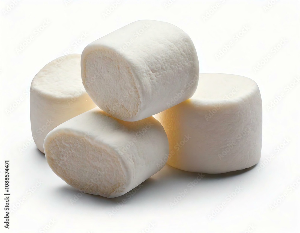 Four fluffy marshmallows stacked together on a white background, perfect for dessert Four fluffy marshmallows stacked together on a white background, perfect for dessert