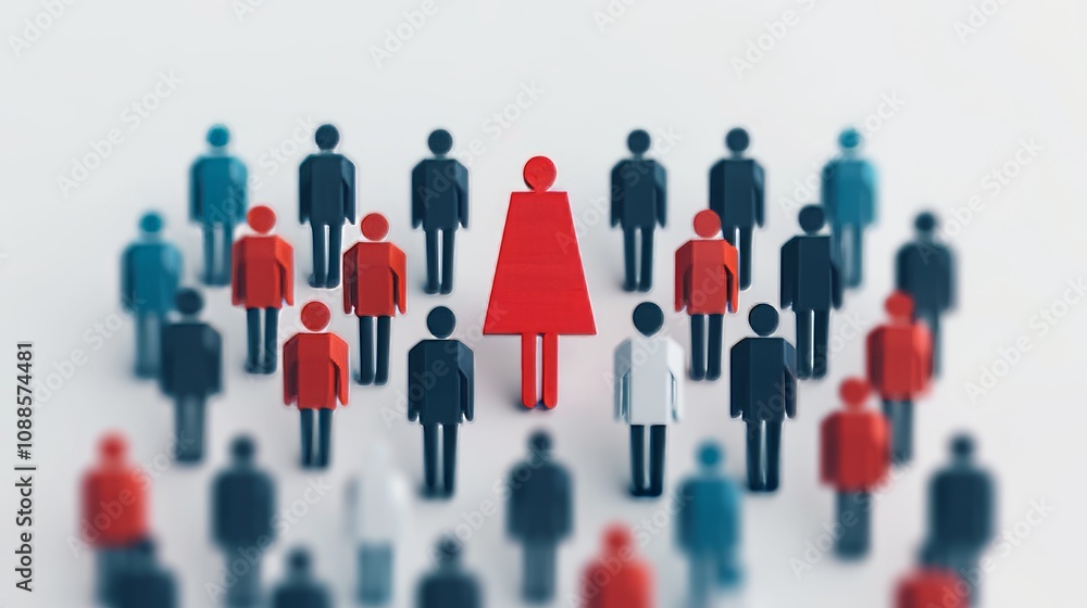 Red figure stands out among blue and black silhouettes. Red figure stands out among blue and black silhouettes.