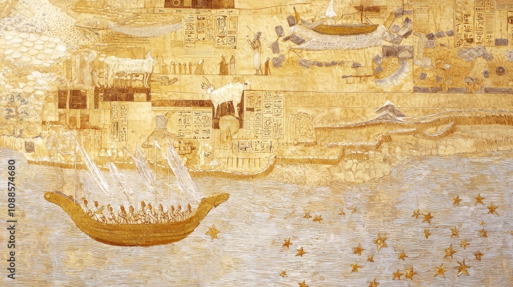 Naklejka premium Navigating the Tigris: Mesopotamian Sailors Using Stars and Maps | Detailed Illustration of Ancient Navigation Techniques on River