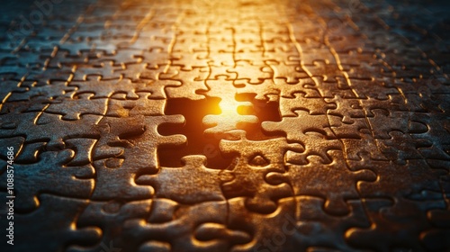 A jigsaw puzzle lies partially completed, with several pieces missing, revealing warm hues of light shining through