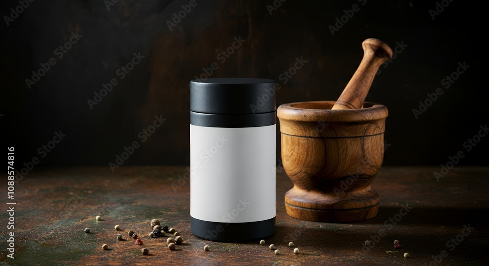 A spice jar mock-up with a blank white label, placed next to a mortar and pestle on a kitchen countertop 3d illustration template design. A spice jar mock-up with a blank white label, placed next to a mortar and pestle on a kitchen countertop 3d illustration template design.