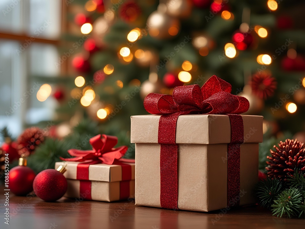 Brown Christmas present with red ribbon under the Christmas tree, from Santa to the children Brown Christmas present with red ribbon under the Christmas tree, from Santa to the children