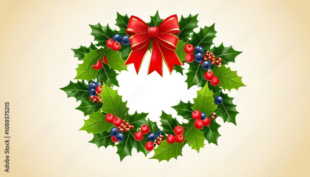 Festive christmas wreath with red bow and berries on cream background Festive christmas wreath with red bow and berries on cream background
