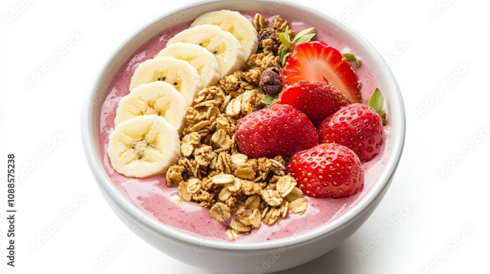 A refreshing fruit smoothie bowl topped with sliced bananas, strawberries, and a sprinkle of granola A refreshing fruit smoothie bowl topped with sliced bananas, strawberries, and a sprinkle of granola