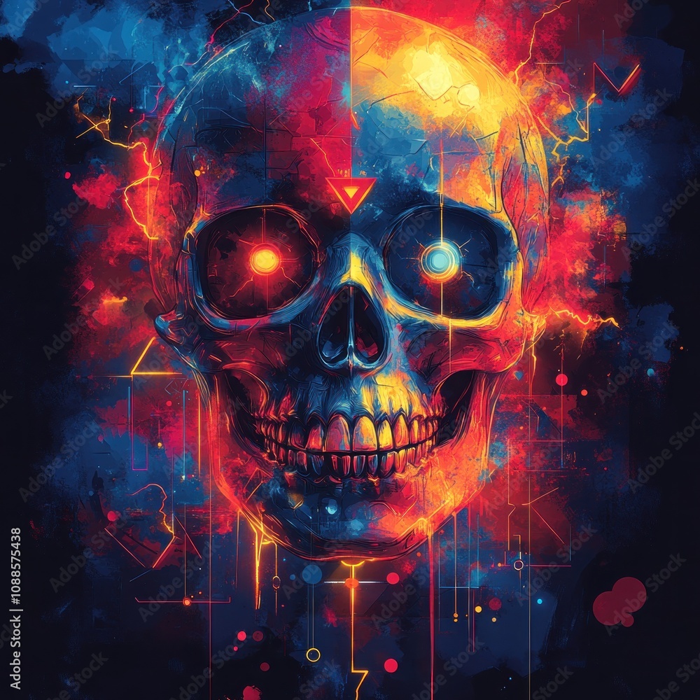 A vibrant, abstract skull illustration with bright colors and dynamic effects. A vibrant, abstract skull illustration with bright colors and dynamic effects.