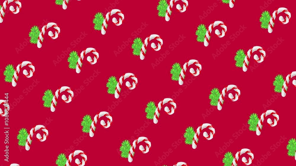 Animated loop red background with candy canes and spruce Animated loop red background with candy canes and spruce