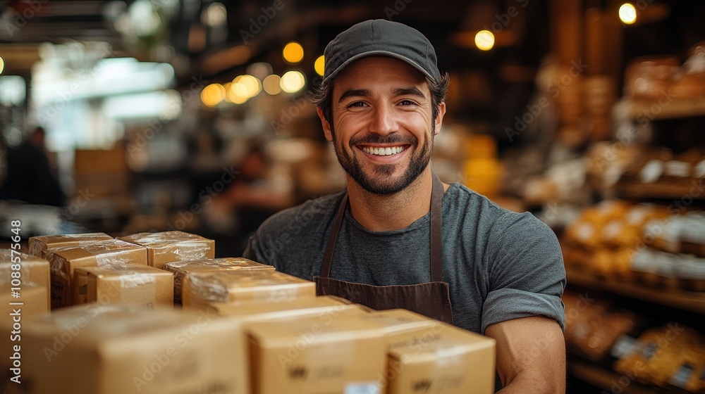 Handsome SME owner in an apron preparing delivery box packages after receiving an online order Handsome SME owner in an apron preparing delivery box packages after receiving an online order