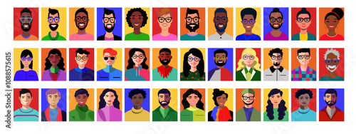 Retrato de medio cuerpo de personas de diferentes razas. Vector de personas diferentes con colores llamativos. Set de iconos de persona