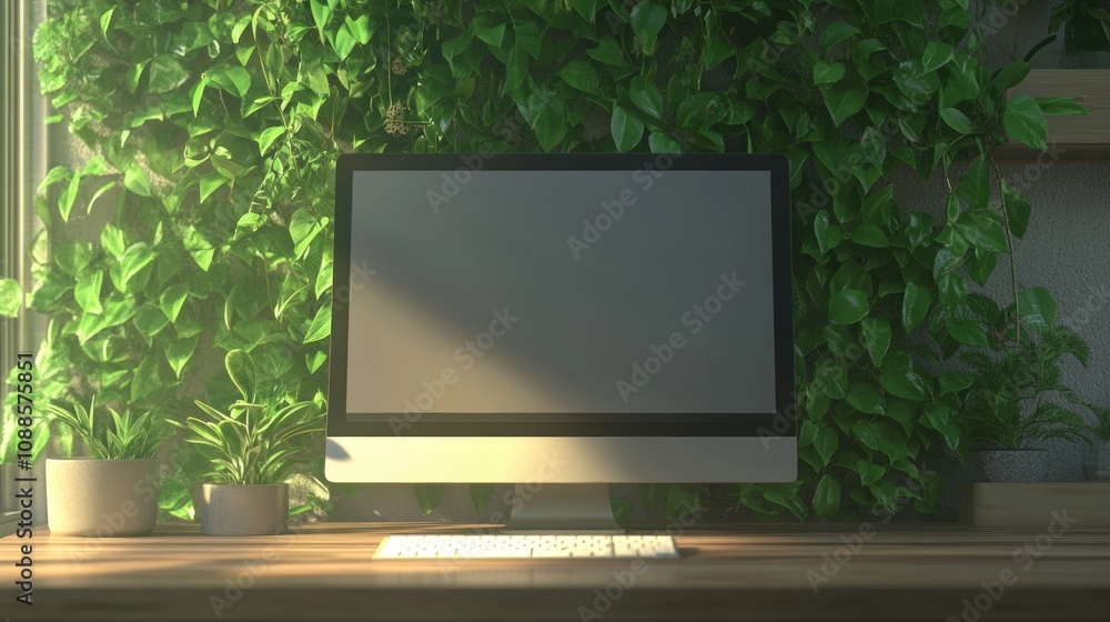 Modern Workspace with Computer Surrounded by Lush Green Plants, Natural Light Illuminating a Minimalist Desk Design in a Tranquil Environment Modern Workspace with Computer Surrounded by Lush Green Plants, Natural Light Illuminating a Minimalist Desk Design in a Tranquil Environment