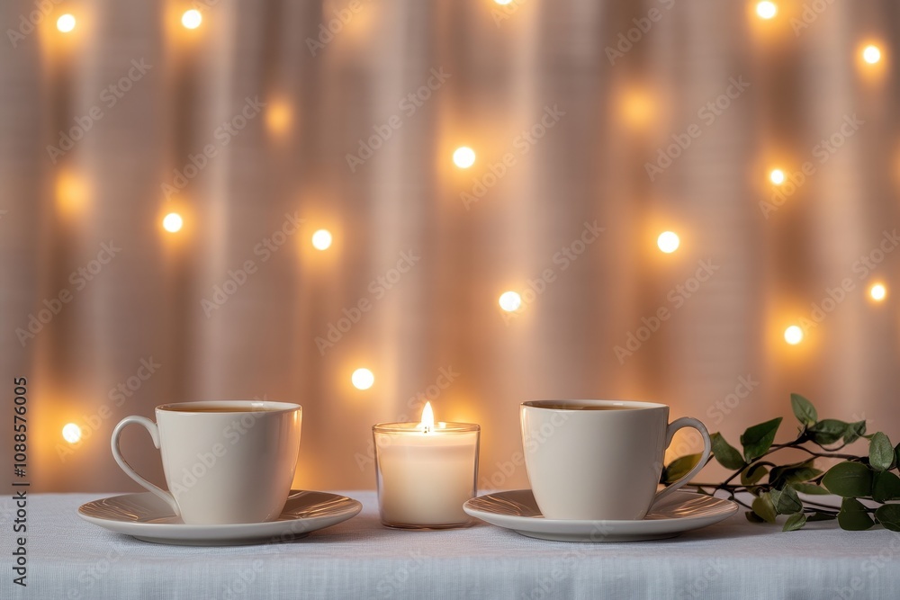 Cozy romantic table set for two with delicate tea cups, perfect for intimate nights over tea. Cozy romantic table set for two with delicate tea cups, perfect for intimate nights over tea.