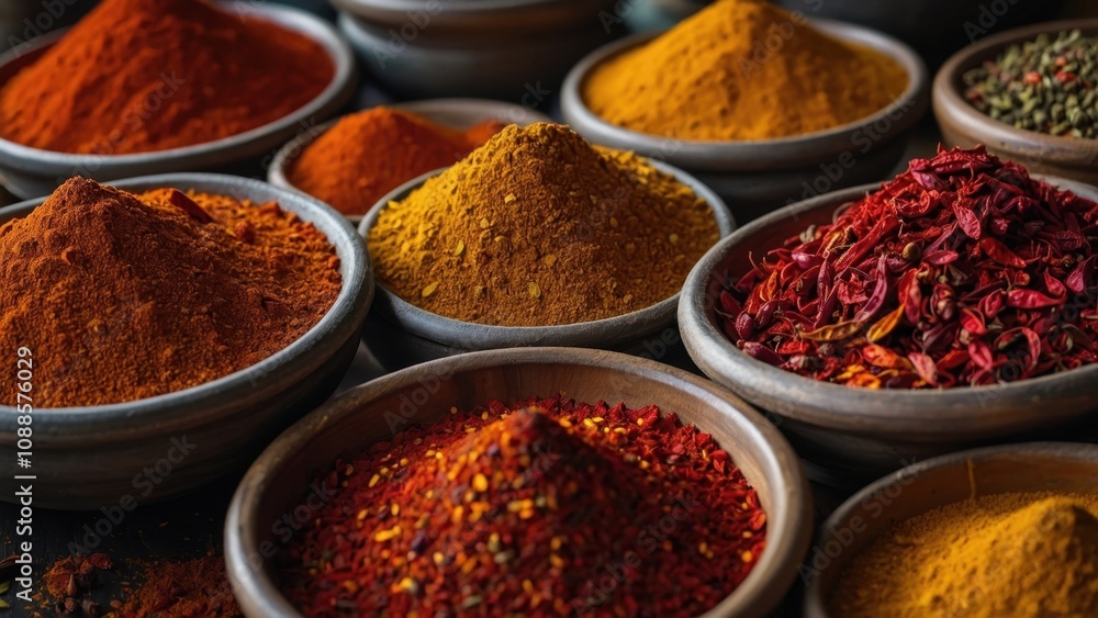 Vibrant Collection of Spices in Traditional Bowls Vibrant Collection of Spices in Traditional Bowls