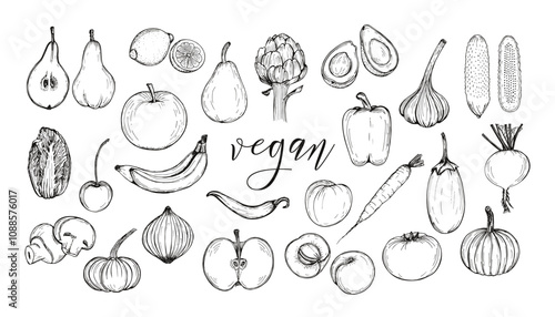 Fruits and vegetables sketch outline illustration collection. Simple doodle drawing set in engraving style. Hand drawn vector line art clipart isolated on a white background