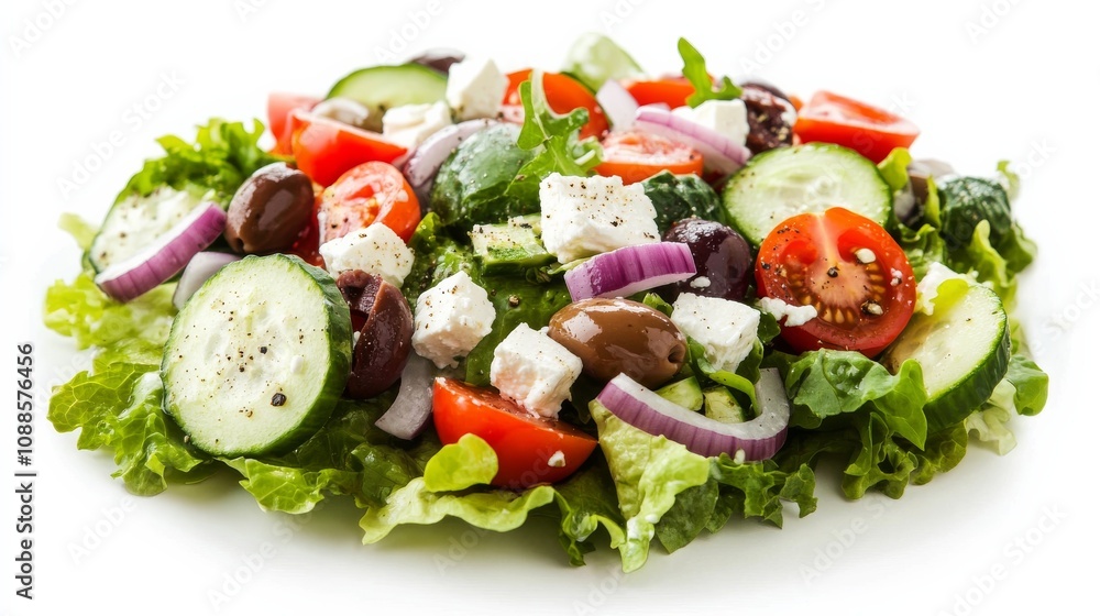 A refreshing Greek salad with crisp lettuce, juicy tomatoes, cucumber slices A refreshing Greek salad with crisp lettuce, juicy tomatoes, cucumber slices