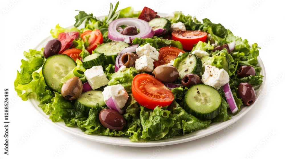 A refreshing Greek salad with crisp lettuce, juicy tomatoes, cucumber slices A refreshing Greek salad with crisp lettuce, juicy tomatoes, cucumber slices