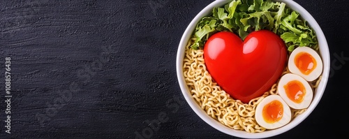 Heart Shaped Tomato Ramen Noodles  Soft Boiled Eggs  and Greens photo