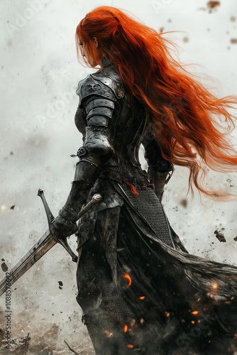 beautiful female knight with long red hair, wearing black and grey armor, sword in hand, walking on the battlefield, in the style of fantasy art, with a dark atmosphere and a white background 