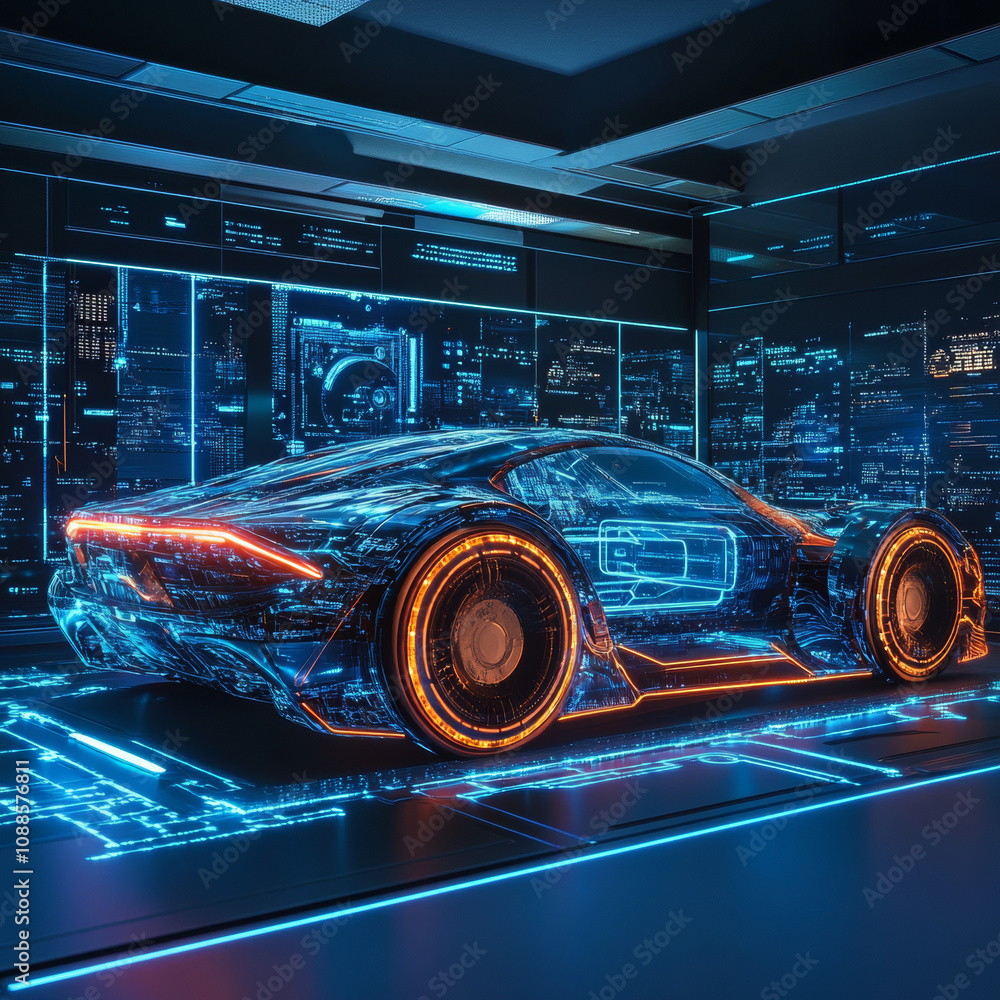 Digital car technology, smart vehicle in a virtual room.
Digital car technology, smart vehicle in a virtual room.