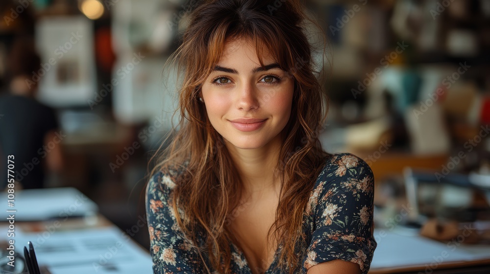 Happy fashion designer smiling confidently while writing down plans in a notebook Happy fashion designer smiling confidently while writing down plans in a notebook