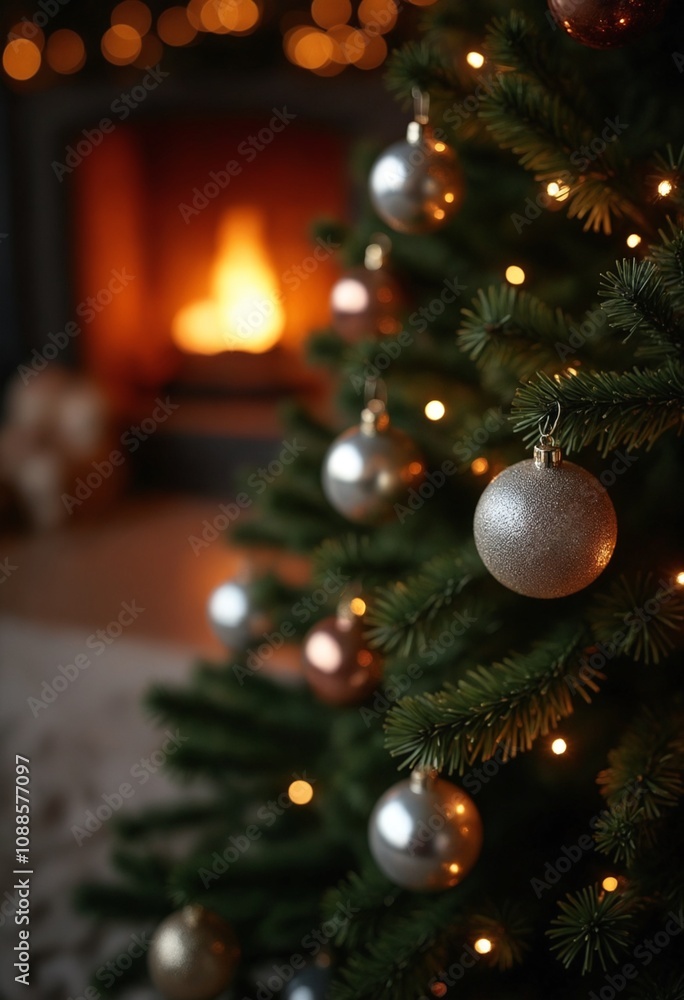 Christmas and New Year holiday concepts. Silver balls on fir branches. Interior Christmas. Magic glowing tree, fireplace, gifts background Christmas and New Year holiday concepts. Silver balls on fir branches. Interior Christmas. Magic glowing tree, fireplace, gifts background