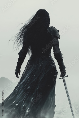 beautiful female knight with long black hair, wearing black and grey armor, sword in hand, walking on the battlefield, in the style of fantasy art, with a dark atmosphere and a white background, conce