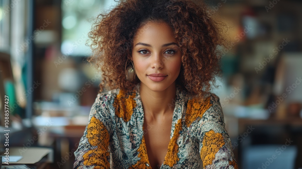 Calm curly brunette dark-skinned woman at a desk in a modern fashion designer office Calm curly brunette dark-skinned woman at a desk in a modern fashion designer office