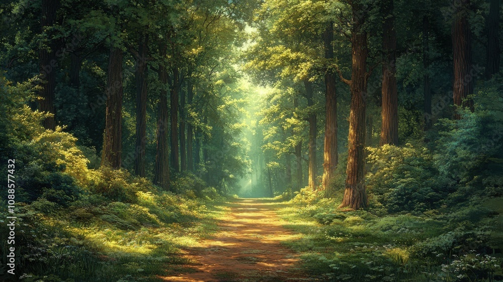 Obraz premium Enchanting forest path lined with tall trees, inviting exploration and tranquility.