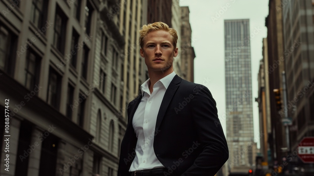 A man in a suit stands in front of a building in a city A man in a suit stands in front of a building in a city