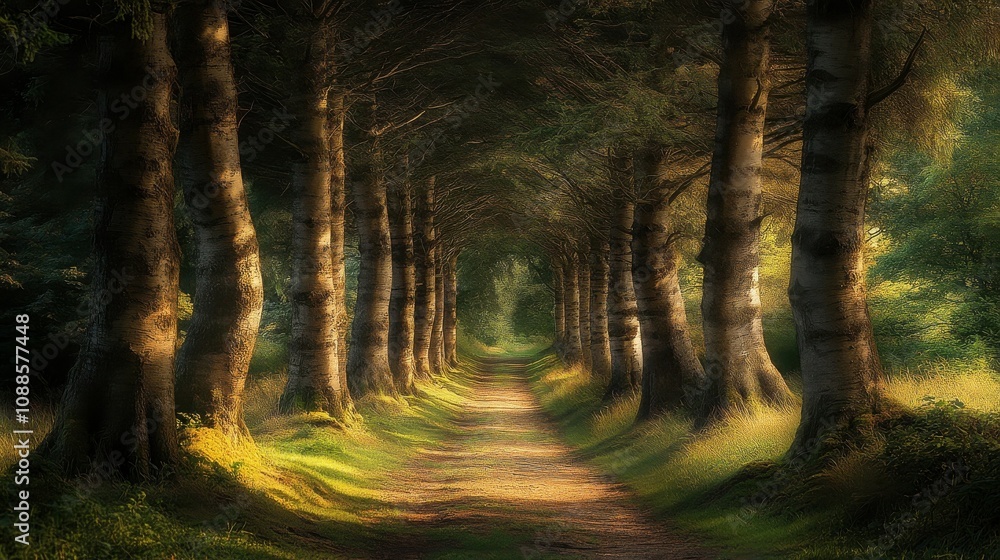 Obraz premium Enchanting forest path lined with tall trees, inviting exploration and tranquility.