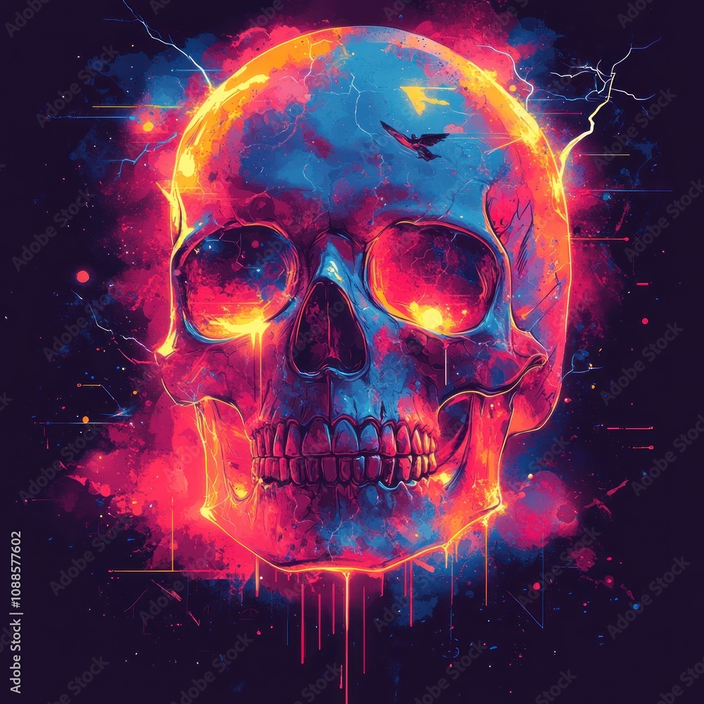 A vibrant, stylized skull illustration with neon colors and abstract effects. A vibrant, stylized skull illustration with neon colors and abstract effects.