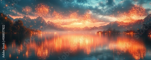 Fireworks reflected over calm water with glowing sparkles.