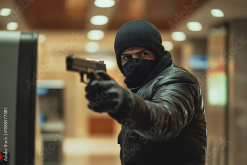 Bank robber with face hidden behind ski mask with gun