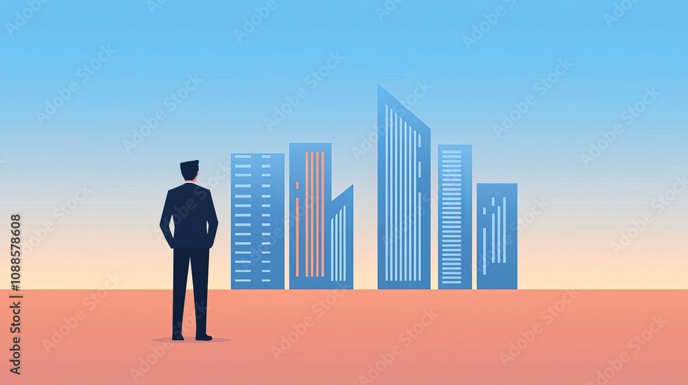 A silhouette of a businessman observing modern skyscrapers against a vibrant sky. A silhouette of a businessman observing modern skyscrapers against a vibrant sky.