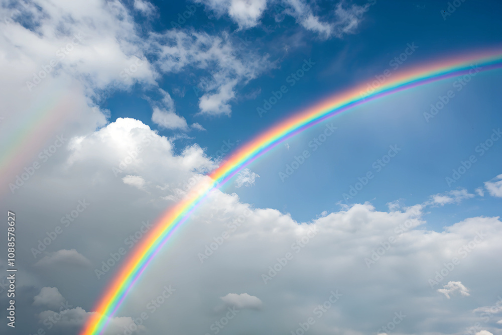 A bright, colorful rainbow arcing across a clear sky, isolated to symbolize positivity and hope A bright, colorful rainbow arcing across a clear sky, isolated to symbolize positivity and hope