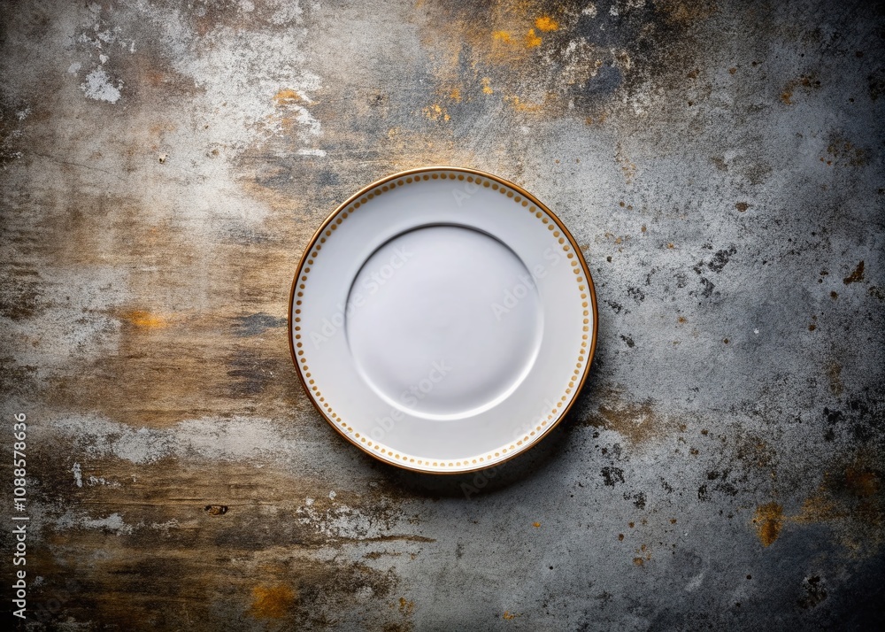 Elegant White Plate with Gold Rim Set Against an Urban Background for Exquisite Table Settings and Dining Experiences Elegant White Plate with Gold Rim Set Against an Urban Background for Exquisite Table Settings and Dining Experiences