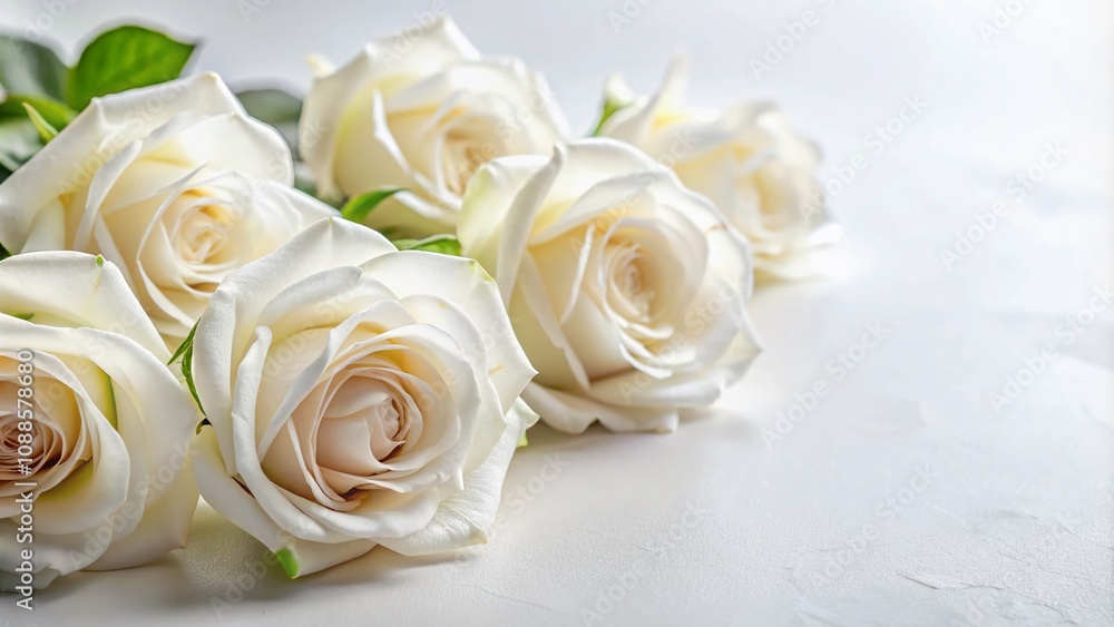 Naklejka premium Elegant White Rose Flowers on a Crisp White Background with Leading Lines for a Fresh and Minimalist Aesthetic, Perfect for Invitations, Home Decor, or Floral Arrangements