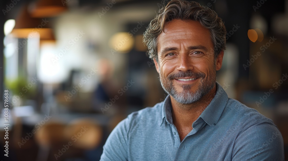 Happy middle-aged businessman standing in an office, smiling and confident Happy middle-aged businessman standing in an office, smiling and confident