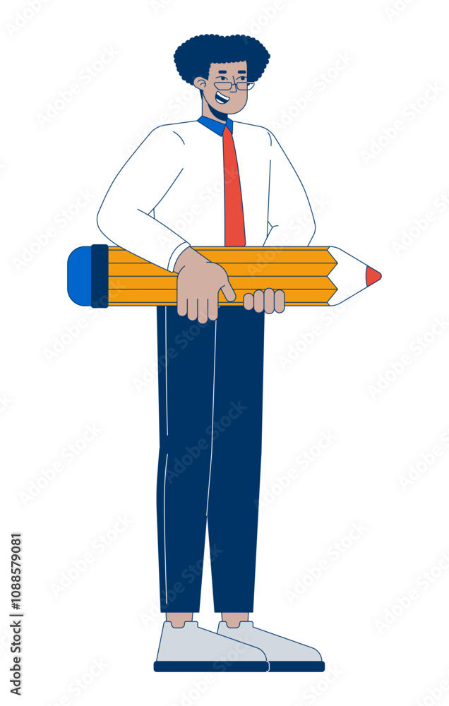 Latin american man office worker with pencil 2D cartoon character. Positive hispanic male manager with writing tool isolated person flat vector on white background. Spot illustration colorful Latin american man office worker with pencil 2D cartoon character. Positive hispanic male manager with writing tool isolated person flat vector on white background. Spot illustration colorful