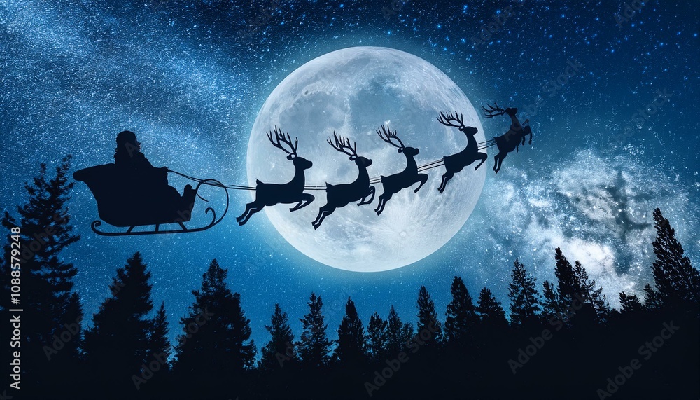 A silhouette of reindeer flying with Santa Claus in a sleigh against a full moon and starry sky over a forest of pine trees A silhouette of reindeer flying with Santa Claus in a sleigh against a full moon and starry sky over a forest of pine trees