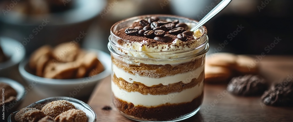 A glass jar filled with layers of creamy custard A glass jar filled with layers of creamy custard