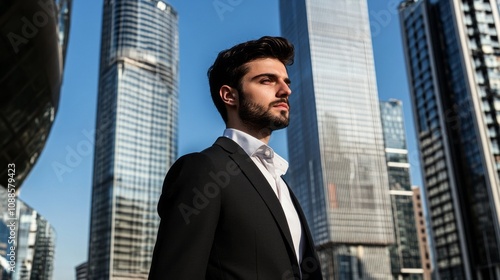 A man in a suit stands in front of a tall building