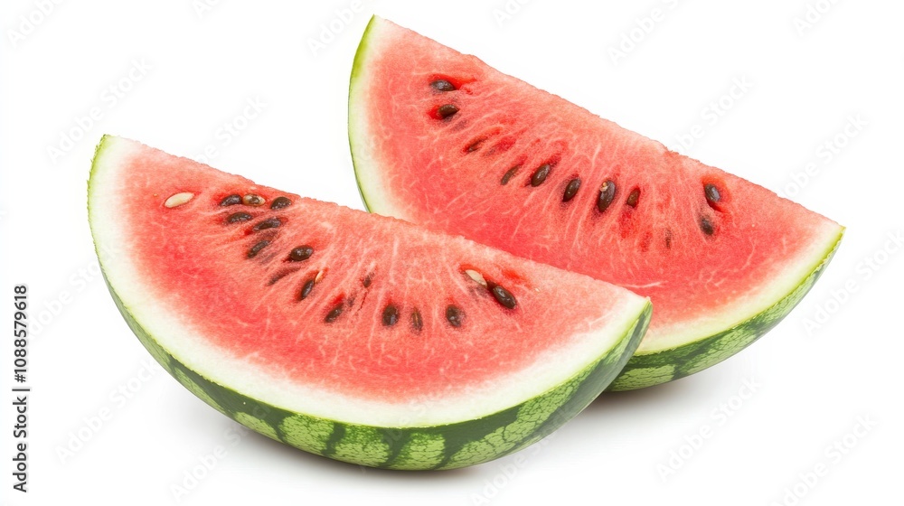A ripe juicy watermelon sliced into wedges, Each slice showcasing its vibrant pink flesh and contrasting dark seeds, Set against an isolated white background to highlight its freshness A ripe juicy watermelon sliced into wedges, Each slice showcasing its vibrant pink flesh and contrasting dark seeds, Set against an isolated white background to highlight its freshness