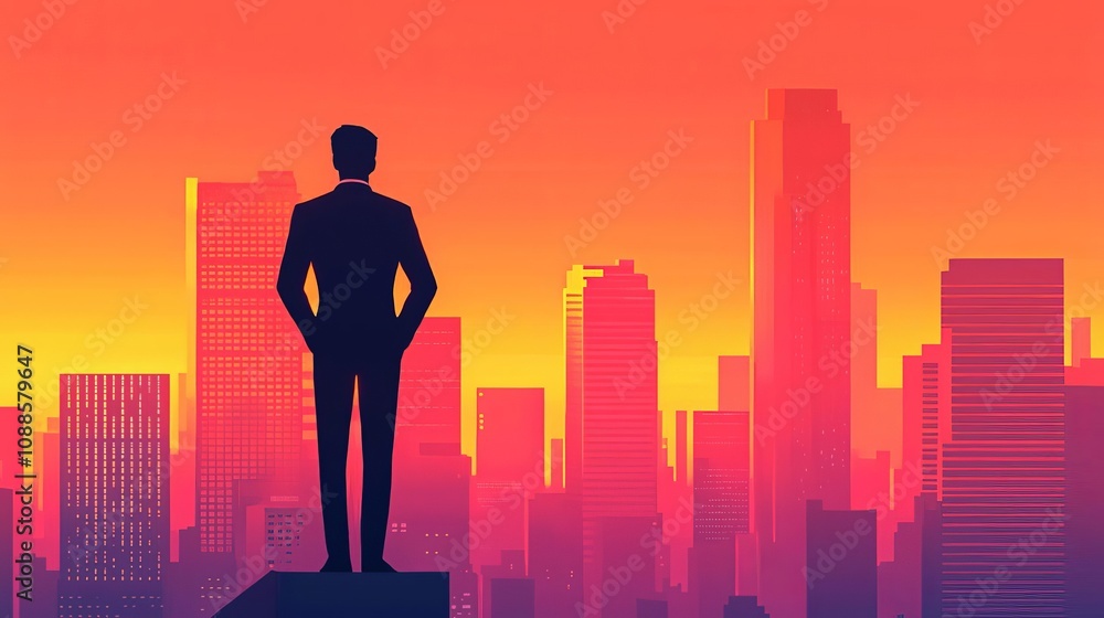 A silhouette of a businessman against a vibrant city skyline at sunset. A silhouette of a businessman against a vibrant city skyline at sunset.