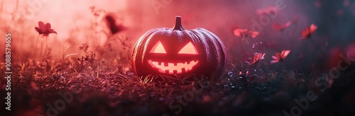 A spooky pumpkin glowing in the dark, surrounded by fog and creepy shadows.  photo