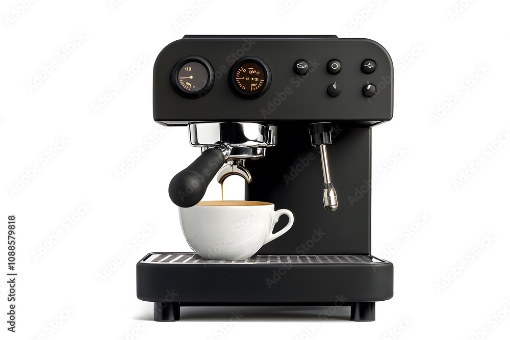 Black Espresso Machine with Cup in Front View Black Espresso Machine with Cup in Front View