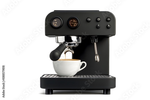 Black Espresso Machine with Cup in Front View