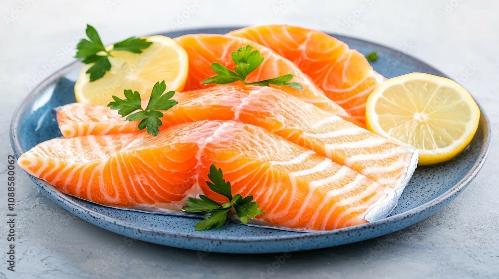 Fresh Salmon Fillets with Lemon Slices and Green Parsley on a Blue Plate, Perfect for Gourmet Dishes or Healthy Meal Preparations Fresh Salmon Fillets with Lemon Slices and Green Parsley on a Blue Plate, Perfect for Gourmet Dishes or Healthy Meal Preparations