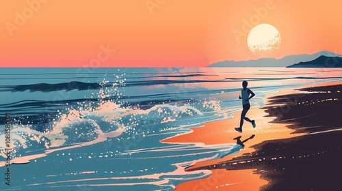 Illustration of people jogging on the beach at sunrise, with waves and sunrise in the background